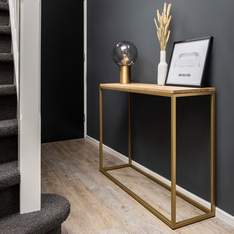 Sidetable eiken hout - goud onderstel 120x30cm side-tabel.nl