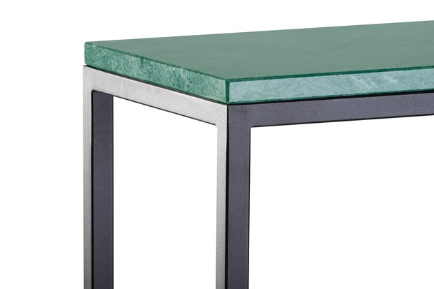 Sidetable groen marmer - zwart onderstel 120x30cm side-tabel.nl