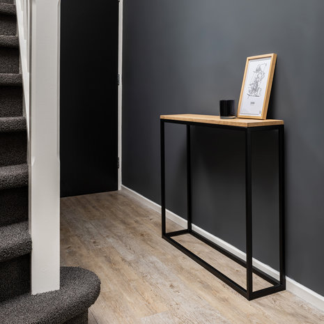 Sidetable eiken hout - zwart onderstel 100x20cm side-tabel.nl