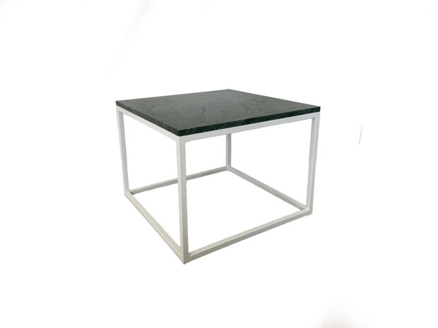 Salontafel-vierkant-groen-marmer-wit-metaal-onderstel-side-table