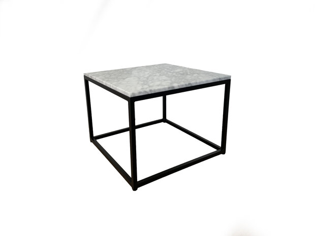 Salontafel-vierkant-wit-marmer-zwart-metaal-onderstel-side-table